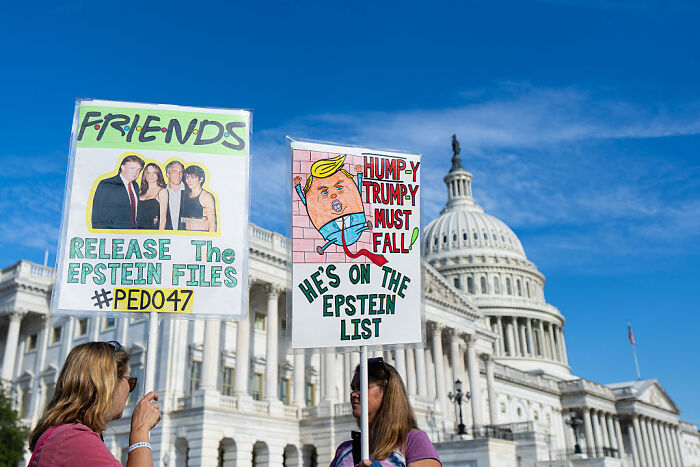 Protesters hold signs about Epstein files and Trump in front of the Capitol during a rally disrupted by a jet flyover.