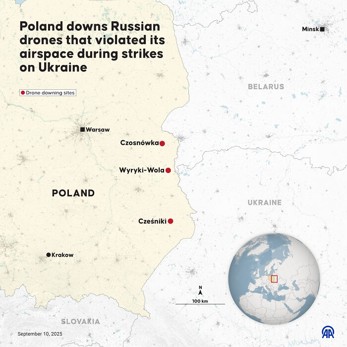 Map showing locations in Poland where Russian drones were shot down for violating airspace during strikes on Ukraine.