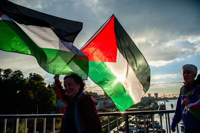 People holding and waving Palestinian flags during a rally linked to Hamas praising Free Palestine speech.