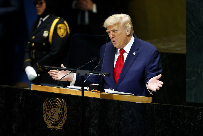 Donald Trump speaking at the UN General Assembly, addressing immigration and Europe&rsquo;s future concerns.