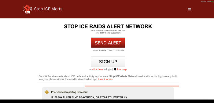 Stop ICE Alerts website showing nationwide mobile alert system to expose ICE agents through secret digital network features.