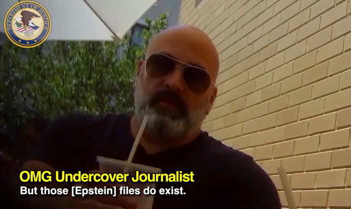 DOJ staffer talking undercover by brick wall with sunglasses and drink about Republican names vanishing from Epstein files.