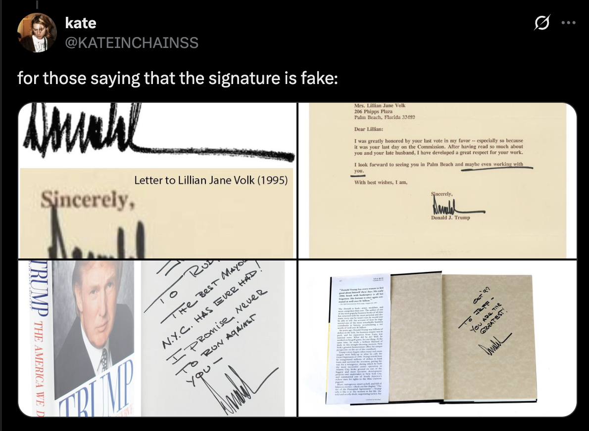 Collage of Donald Trump signatures on various documents highlighting debate over authenticity amid political controversy.