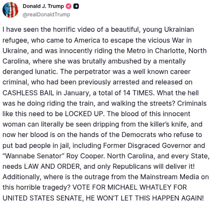 Screenshot of a tweet describing the stabbing attack on Ukrainian refugee Iryna Zarutska on a train in Charlotte, North Carolina.