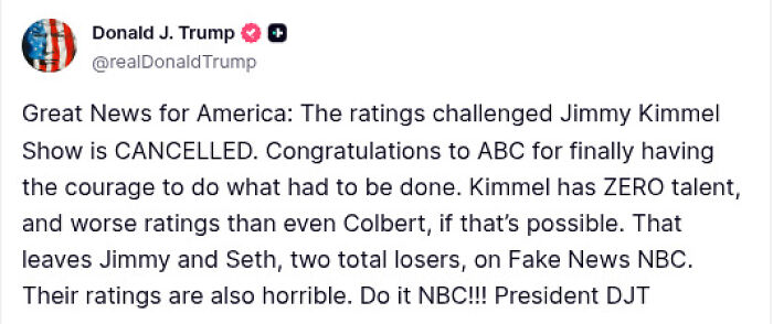 Donald J. Trump tweets about Jimmy Kimmel being pulled off air amid Kirk murder comments controversy.