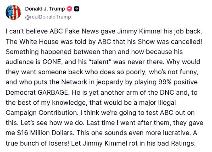 Donald Trump criticizes ABC for returning Jimmy Kimmel, threatening lawsuit over late-night host controversy.
