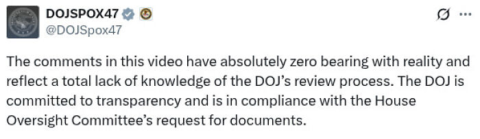 Screenshot of DOJ spokesperson denying claims about Republican names vanishing from Epstein files in a Twitter post.