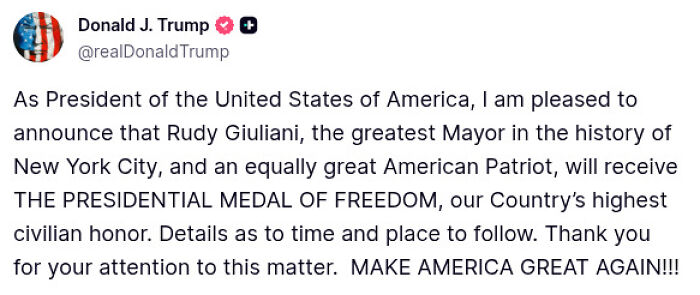 Screenshot of Donald Trump&rsquo;s announcement on social media about Rudy Giuliani receiving the Presidential Medal of Freedom.