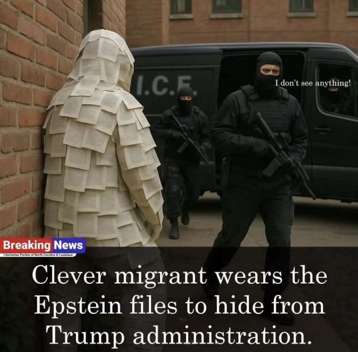 Man covered in paper labeled Epstein files stands by brick wall as armed agents approach, referencing Trump administration dispute.