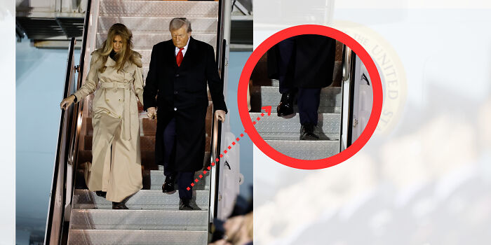 Donald Trump injury subtly concealed by Melania&rsquo;s hand as they descend aircraft stairs in the UK.