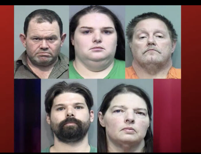 Five mugshots of individuals linked to the case involving the burial of kids of former Walmart Santa in Georgia yard.