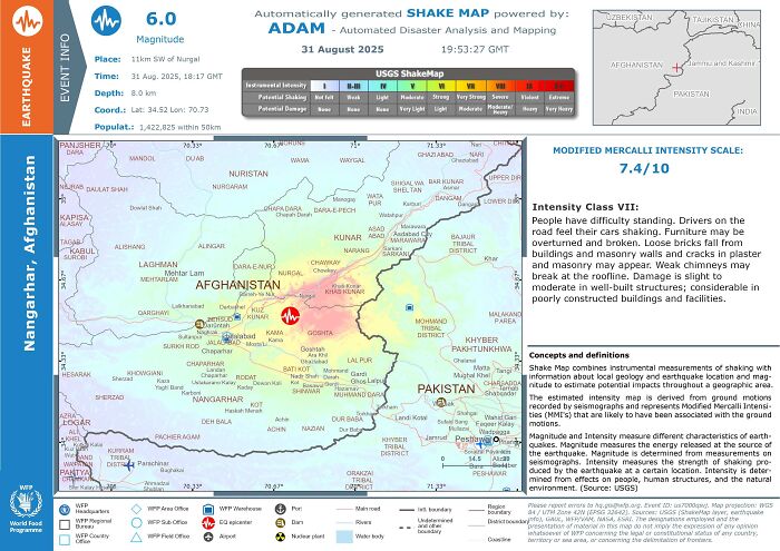Shake map showing earthquake impact in Afghanistan with rescue teams racing to save survivors after major quake.