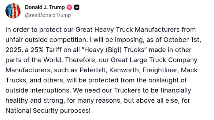 Donald Trump announces new tariffs on heavy trucks to protect American manufacturers and national security starting October 2025.