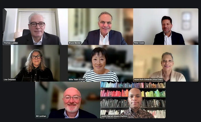 Virtual meeting with agency members discussing oversight and Trump controversial D.C. renovations updates.