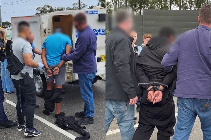 Suspected assassins intercepted by police en route to daycare center, handcuffed and escorted during the arrest operation.