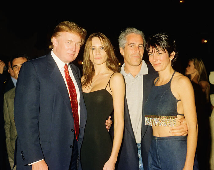 Donald Trump with Jeffrey Epstein and Ghislaine Maxwell at a social event, related to possible Ghislaine Maxwell pardon discussion.