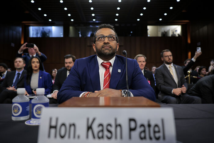 Kash Patel at a congressional hearing, addressing FBI ties and pro-Israel lobby group ADL concerns.