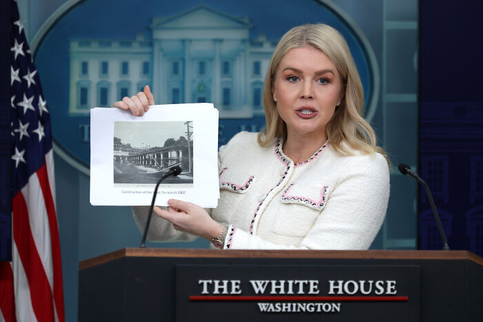 White House spokesperson presenting design disasters in Trump&rsquo;s costly White House renovation project at a press briefing.