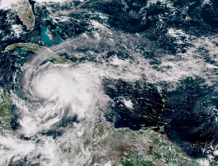 Satellite image showing Hurricane Melissa approaching Jamaica, capturing storm clouds and severe weather impact across the region.