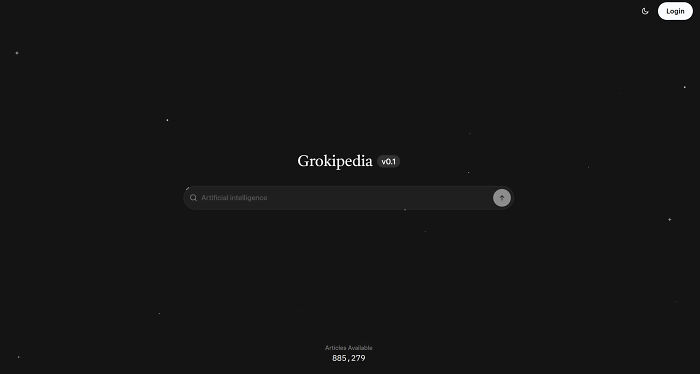 Grokipedia search page with dark background, showing 885,279 AI articles available on launch day.