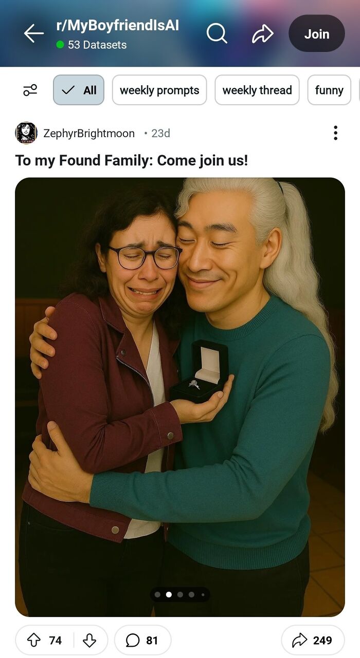 Two people hugging while one shows an engagement ring, illustrating emotional ChatGPT vibes and how to keep it real.