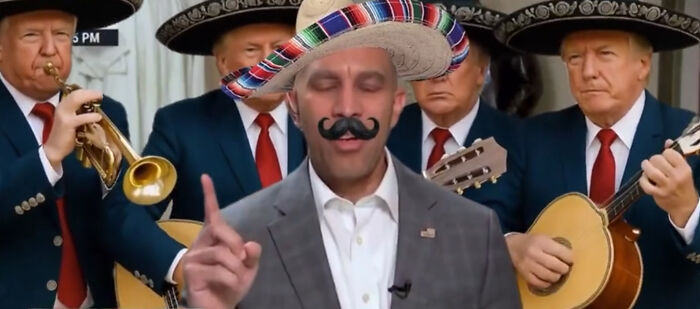 House Speaker Mike Johnson wearing sombrero and fake mustache posing with musicians in a humorous setting about Trump unhinged.