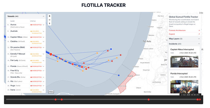 Map showing Gaza-bound flotilla routes with multiple vessels intercepted by Israeli Navy near the coast in naval operations