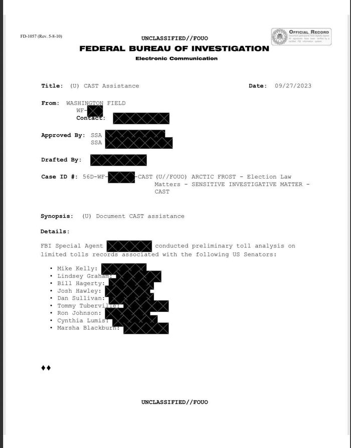 FBI document showing monitored toll records of Republican Senators during January 6 investigation, sensitive case details redacted.