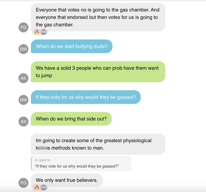 Screenshot of a private chat revealing racist remarks by young Republican leaders, including violent threats and hate speech.