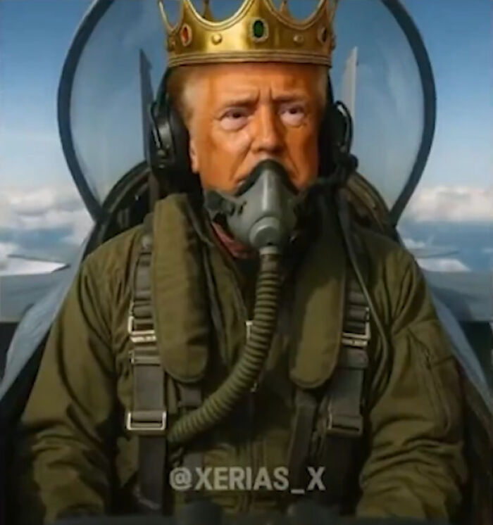 AI video showing Trump wearing a crown and pilot gear in a scene referencing attacking protesters with brown fluid.