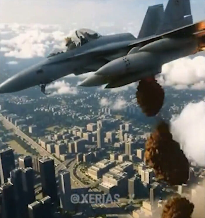 AI video shows Trump attacking protesters with brown fluid from a fighter jet over an urban cityscape.