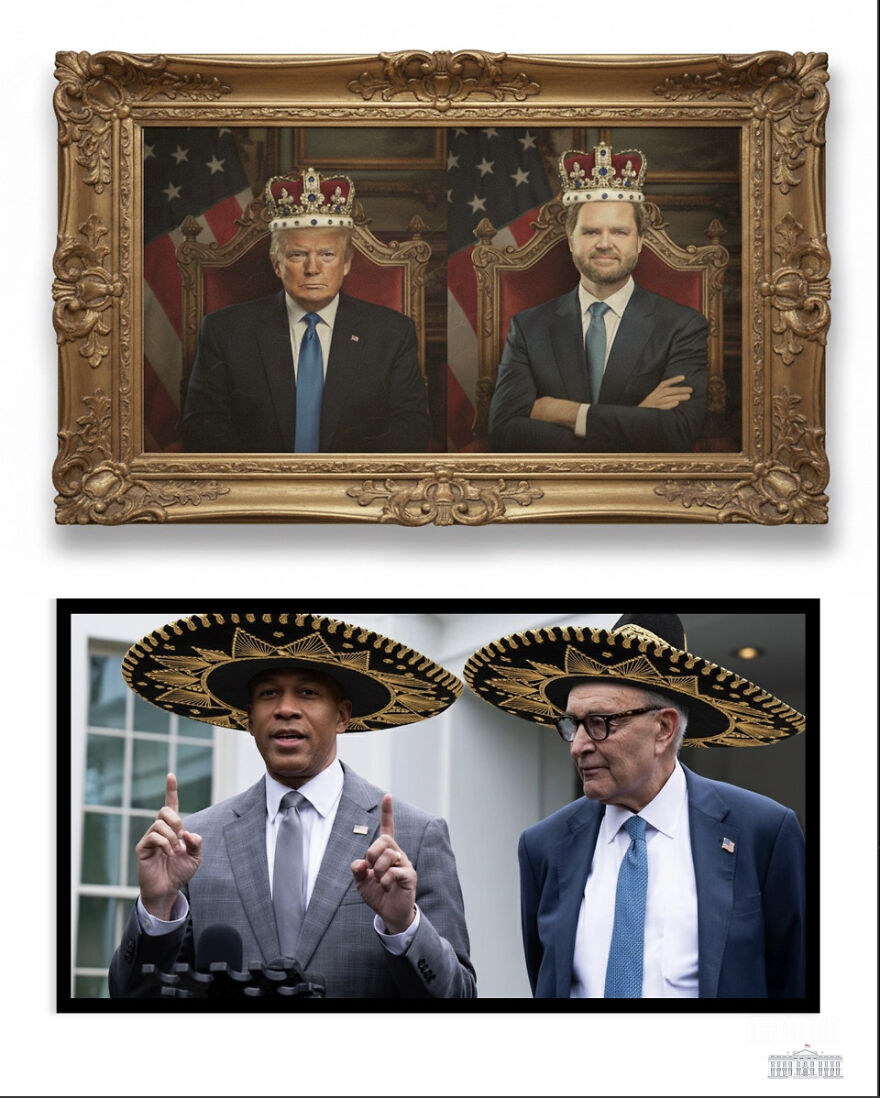 Framed doctored photo of Trump and JD Vance wearing royal crowns, styled as a royal couple portrait.