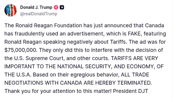 Trump Ends Trade Negotiations With Canada Over &ldquo;Fake&rdquo; TV Ad