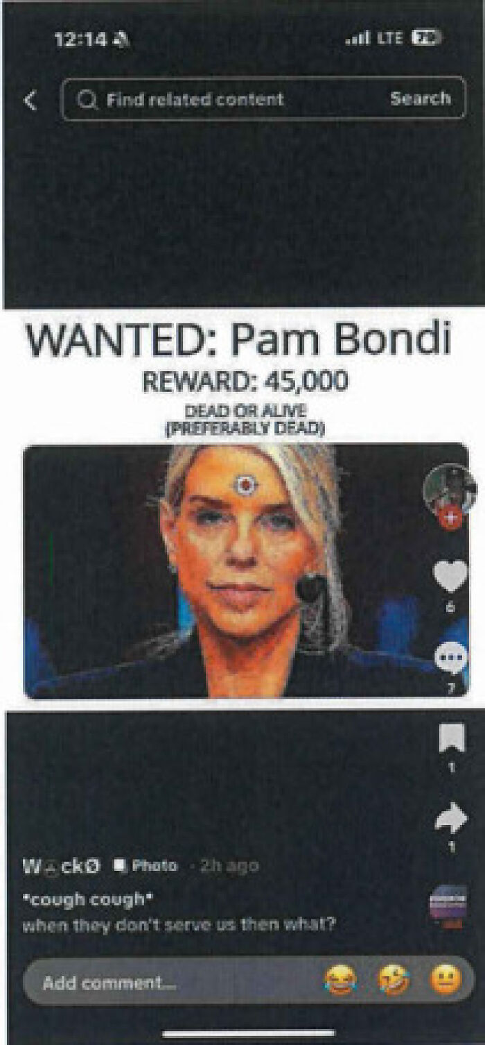 Wanted poster for Pam Bondi with $45,000 reward and a target symbol on her forehead from a viral social media post.