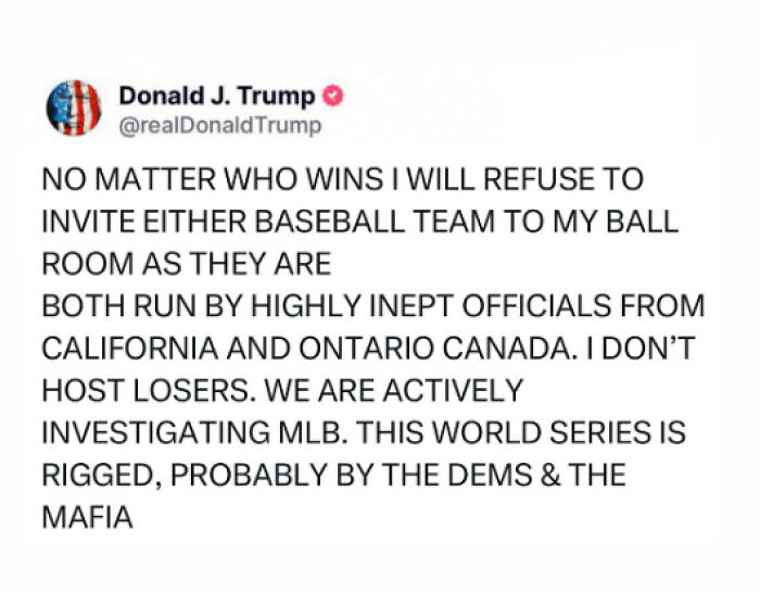 Screenshot of a false World Series post on Truth Social blaming rigged baseball, related to Stephen King controversy.