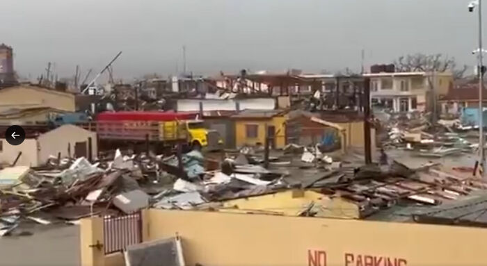 Debris and damaged buildings in Jamaica captured in dramatic footage showing Hurricane Melissa devastation across the area.