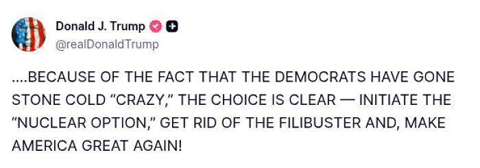 Donald Trump tweet urging Republicans to scrap Senate filibuster and use nuclear option to end government shutdown.