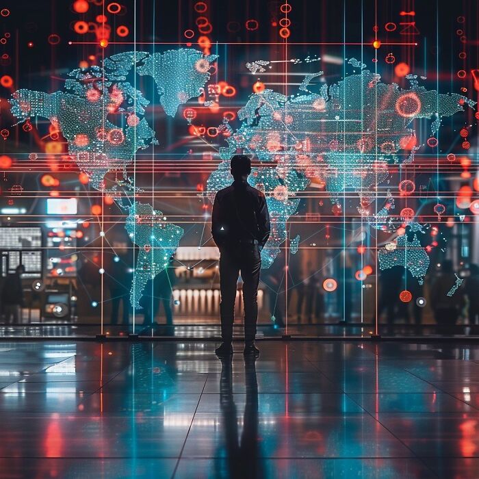 Silhouette of person standing before a digital world map with glowing data points, highlighting ChatGPT and internet vibes.