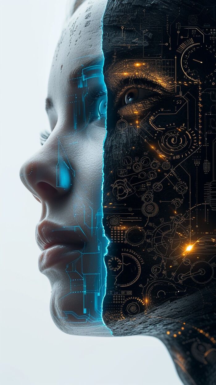 Close-up profile of a human face merging with digital circuits and futuristic AI elements representing ChatGPT vibes.