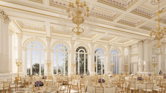 Interior view of a grand White House East Wing event room with elegant chandeliers and rows of decorated tables and chairs.
