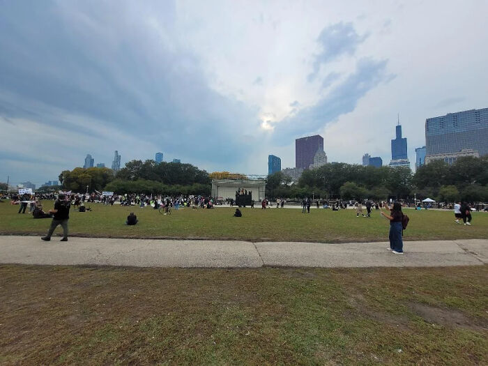 Crowd gathered in a city park during protests, highlighting the difference between Trump rally mess and No Kings events.