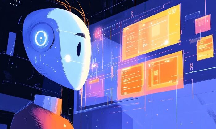 Futuristic robot interacting with digital screens, illustrating ChatGPT&rsquo;s advanced internet and AI vibes.