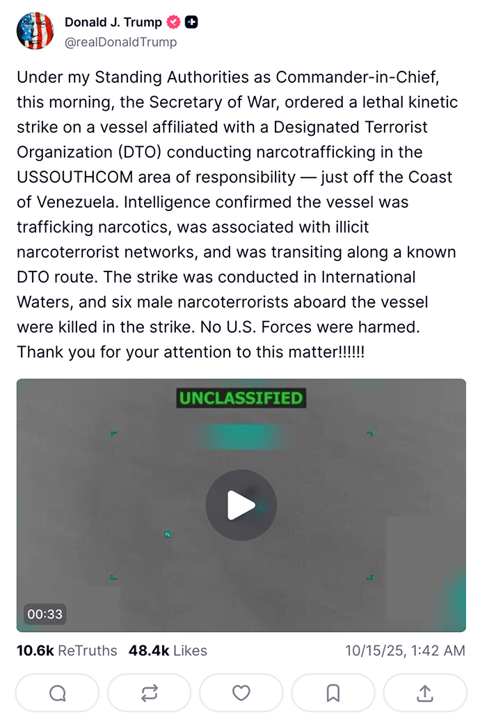 Tweet by Donald Trump on military strike near Venezuela coast amid CIA operations, highlighting imminent war and military buildup.