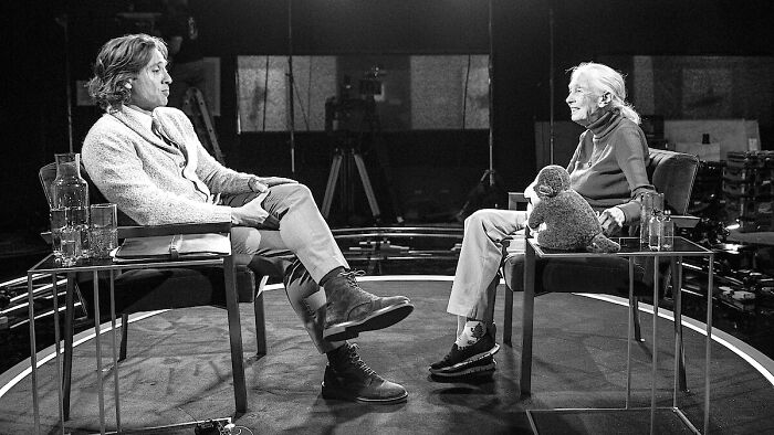 Jane Goodall in a posthumous interview setting, seated and engaged in conversation on a round stage.