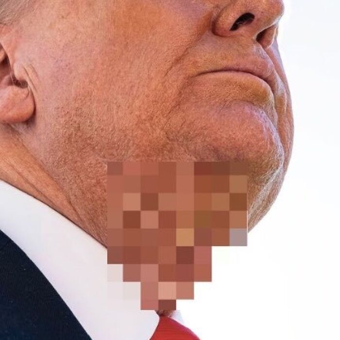 Close-up of a man's lower face with a cheeky edit and pixelated censorship, referencing Gavin Newsom trolling Trump.