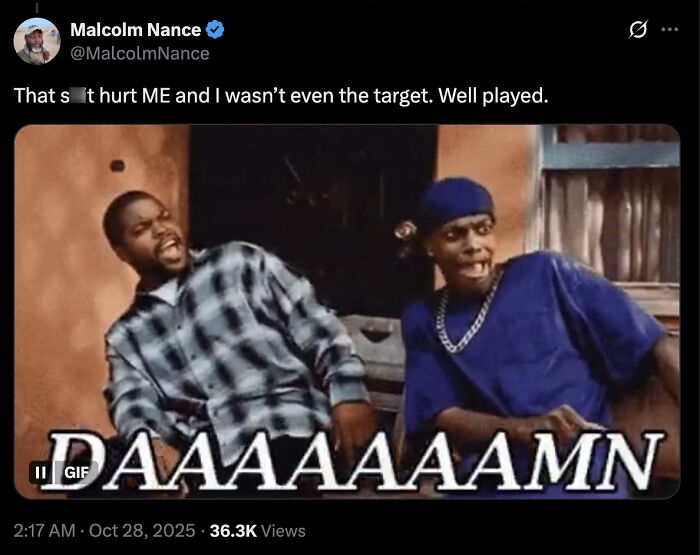 Tweet showing a viral meme reacting with surprise, related to AOC&rsquo;s brutal tweet clapping back at Riley Gaines.