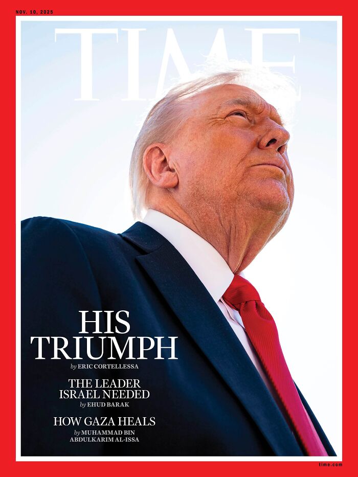 Donald Trump in a suit and red tie on a mock Time magazine cover edited by Gavin Newsom as a political troll.