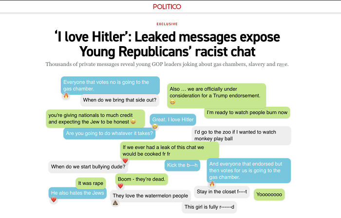 Leaked messages reveal Young Republican leaders&rsquo; private chat filled with racist remarks and hateful language.