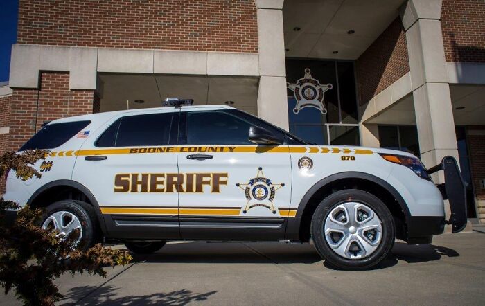 Boone County sheriff vehicle parked outside law enforcement building in Indiana related to shooting case.