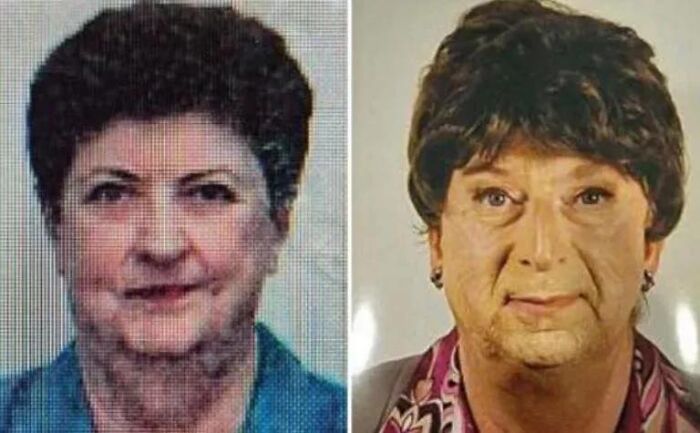 Side-by-side images showing son accused of dressing up as deceased mom in Mrs Doubtfire like pension fraud plot.